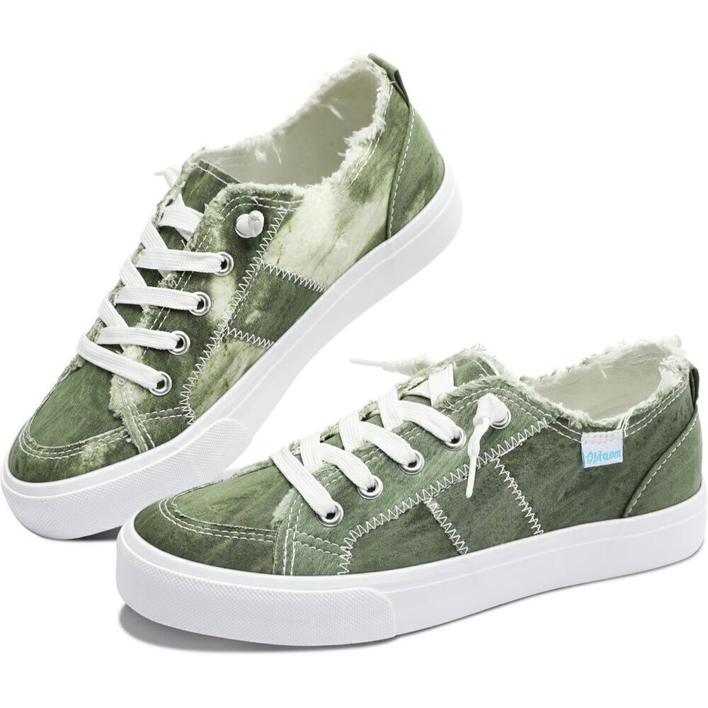 Obtaom Fashion Sneaker Women's Size (5-11) Olive Green Canvas Slip on Lace Up